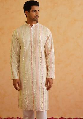 Off White Striped Poly Blend Kurta Set For Men