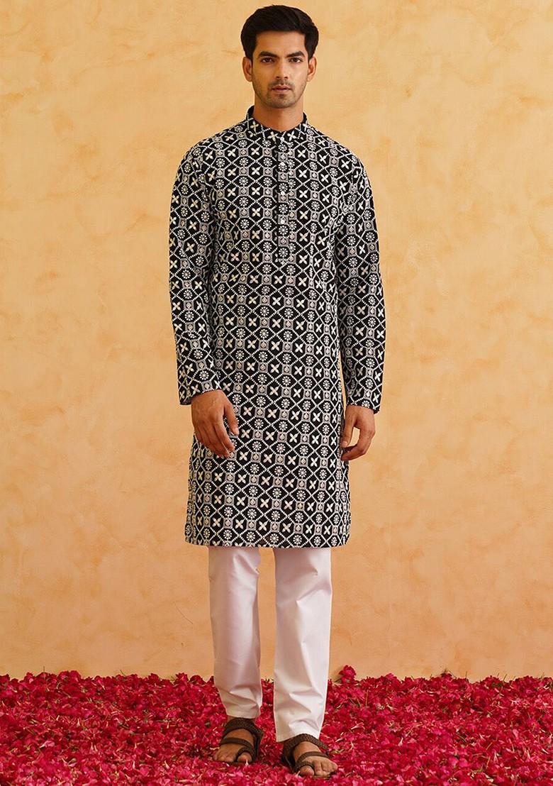 Black Thread Work Cotton Kurta Set For Men