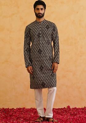 Black Thread Work Cotton Kurta Set For Men