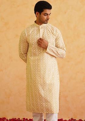 Beige Thread Work Cotton Kurta Set For Men
