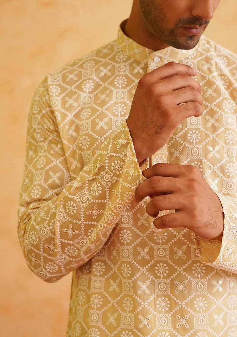 Beige Thread Work Cotton Kurta Set For Men