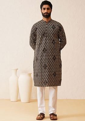 Black Thread Work Cotton Kurta Set For Men