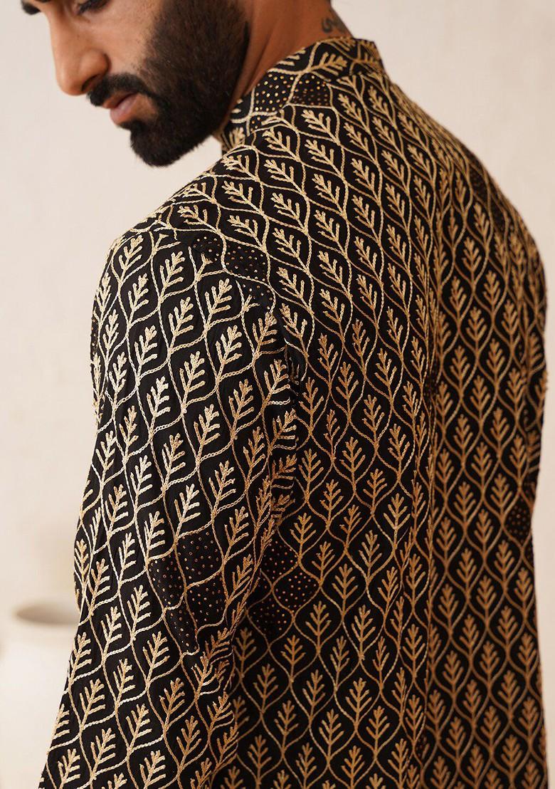 Black Thread Work Cotton Kurta Set For Men