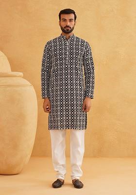 Black Thread Work Cotton Kurta Set For Men