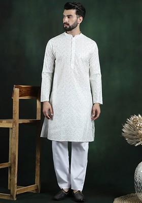 White Thread Work Poly Blend Kurta Set For Men