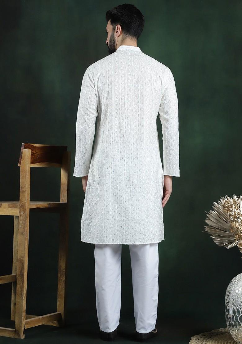 White Thread Work Poly Blend Kurta Set For Men