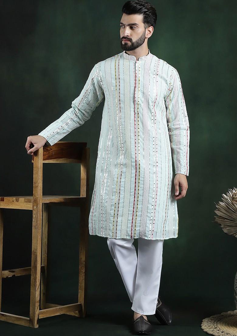 Sea Green Embroidered Poly Blend Kurta Set For Men