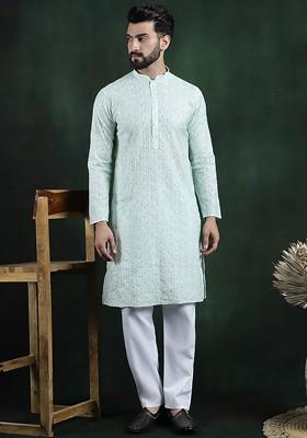 Sea Green Thread Work Poly Blend Kurta Set For Men