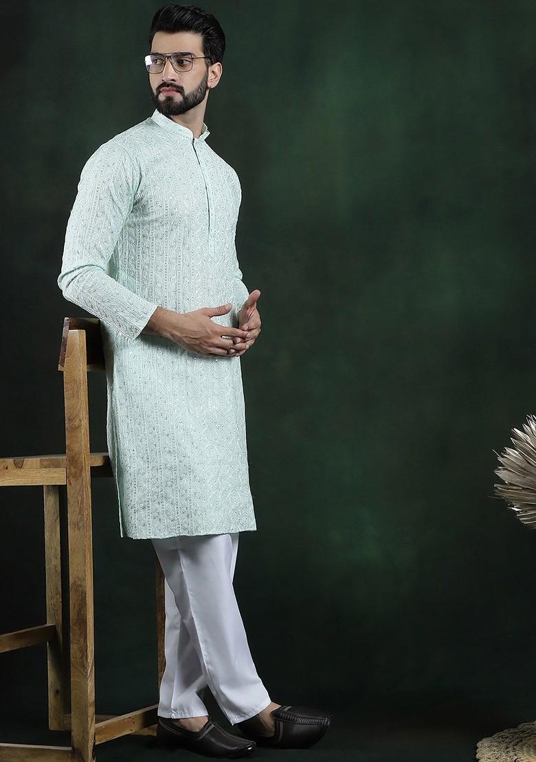 Sea Green Thread Work Poly Blend Kurta Set For Men