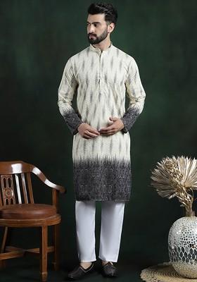 Beige Embroidered Cotton Kurta Set For Men