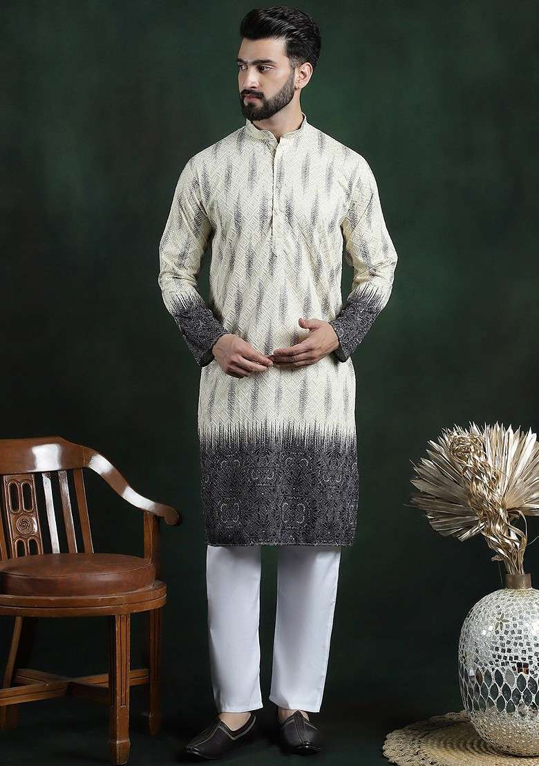 Beige Embroidered Cotton Kurta Set For Men - Indya