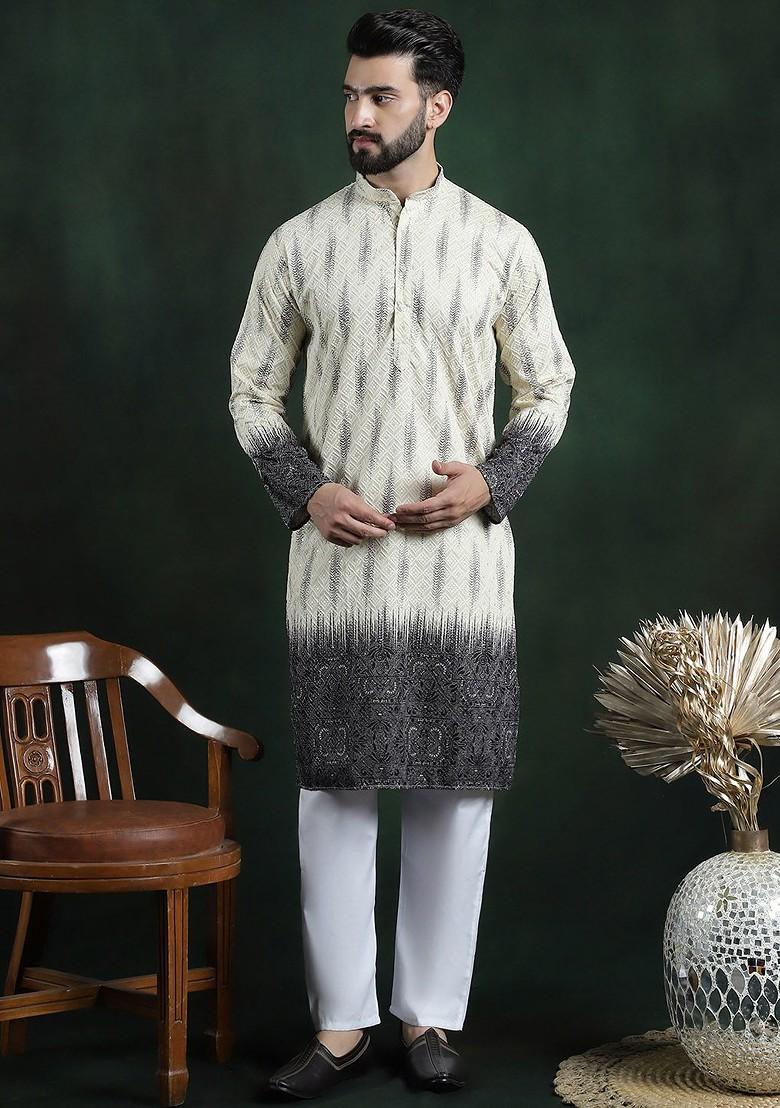 Beige Embroidered Cotton Kurta Set For Men