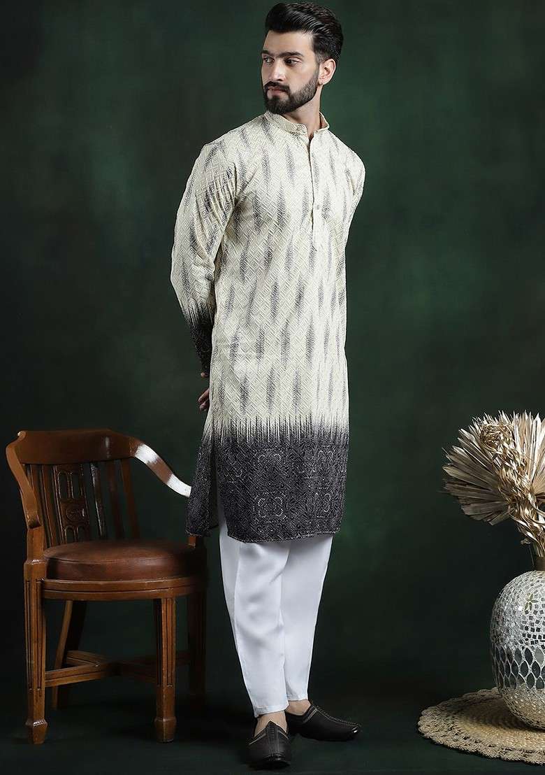 Beige Embroidered Cotton Kurta Set For Men - Indya