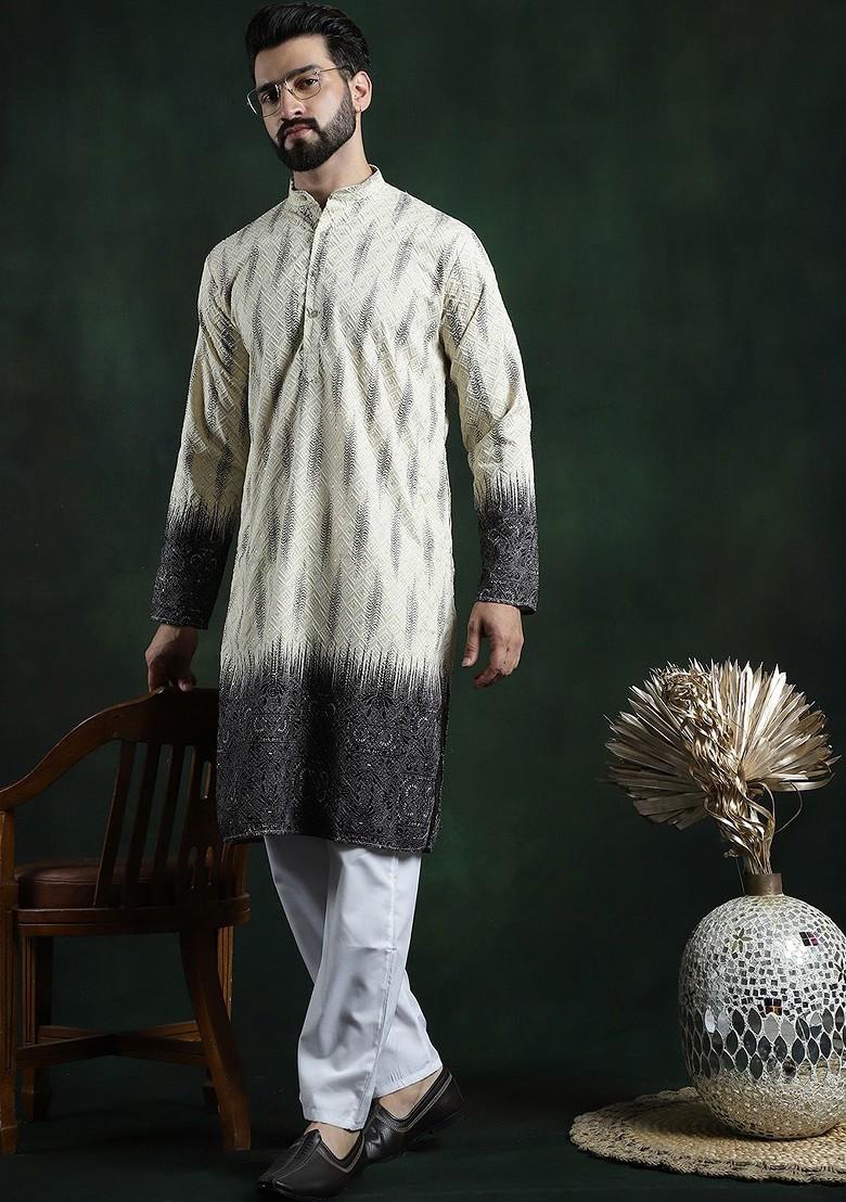 Beige Embroidered Cotton Kurta Set For Men