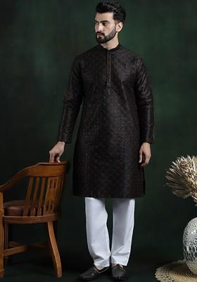 Black Thread Work Poly Blend Kurta Set For Men