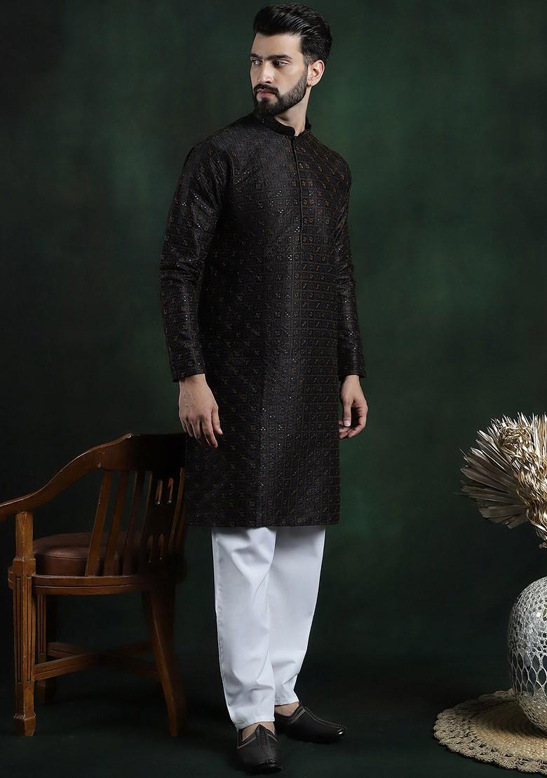 Black Thread Work Poly Blend Kurta Set For Men