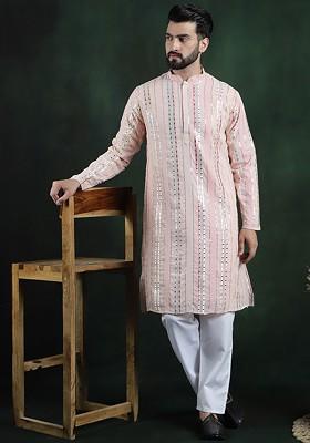 Pink Embroidered Poly Blend Kurta Set For Men