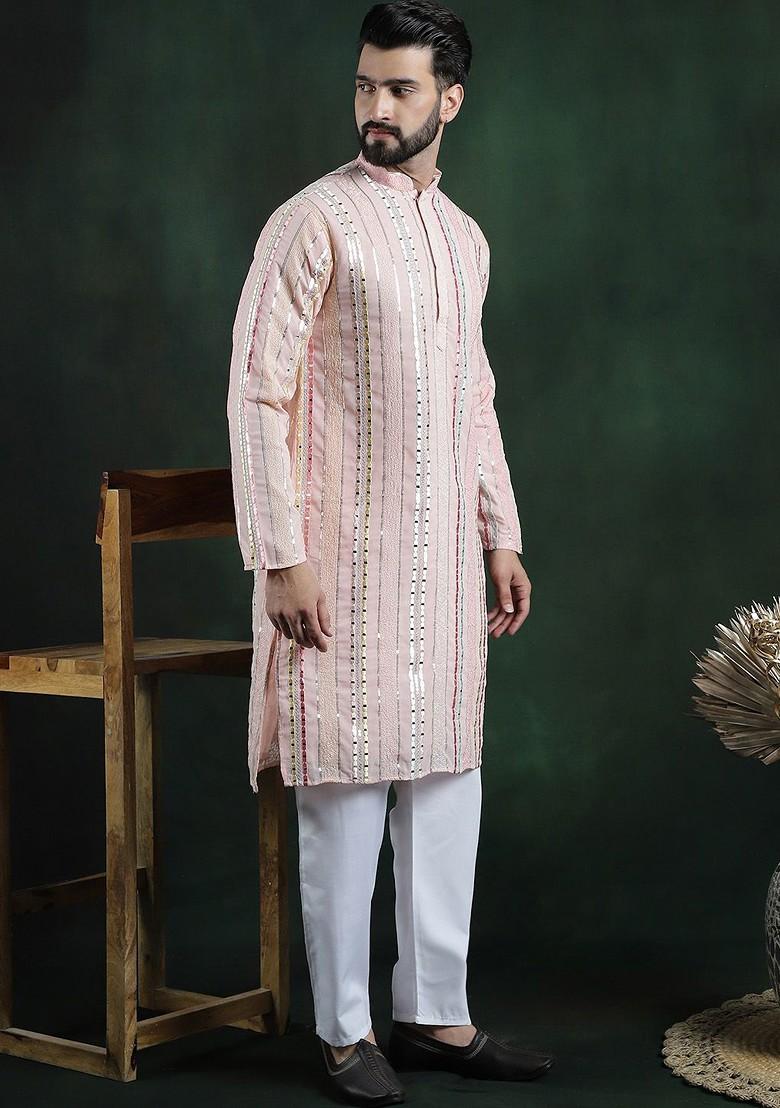 Pink Embroidered Poly Blend Kurta Set For Men