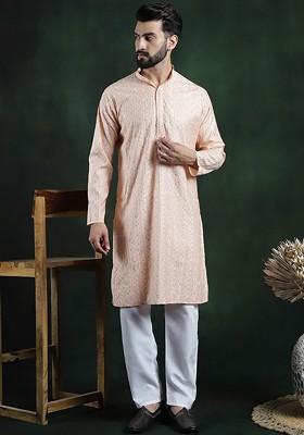 Peach Thread Work Poly Blend Kurta Set For Men