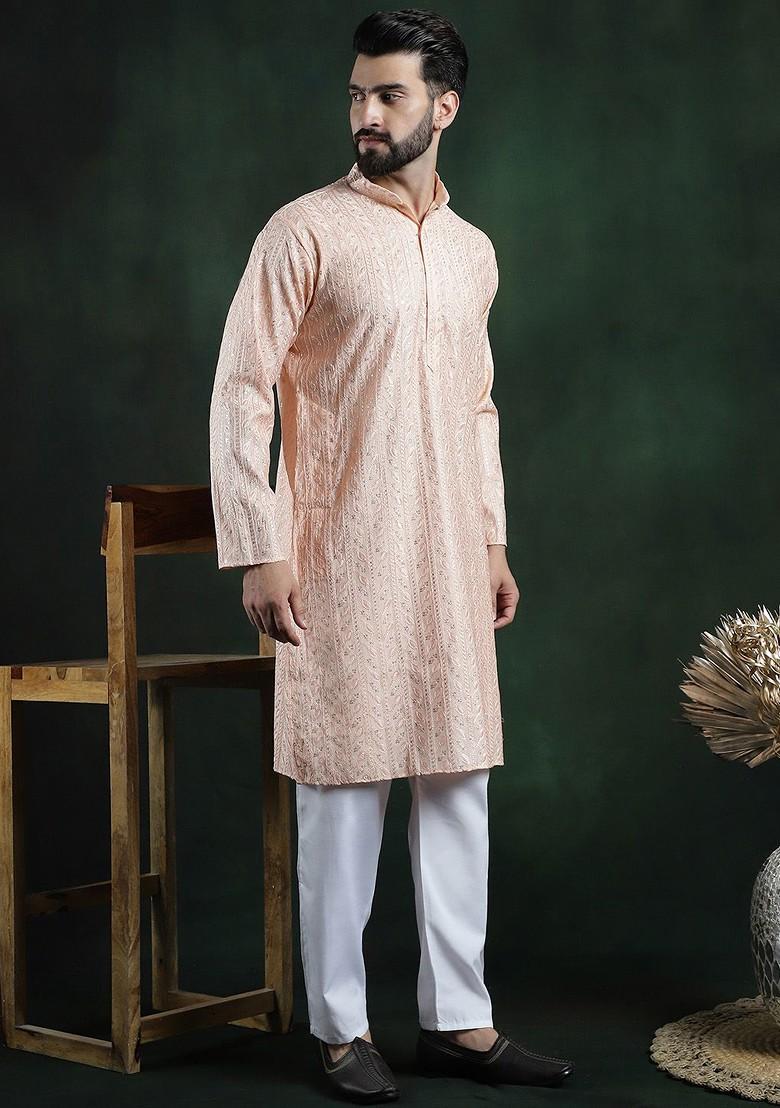 Peach Thread Work Poly Blend Kurta Set For Men