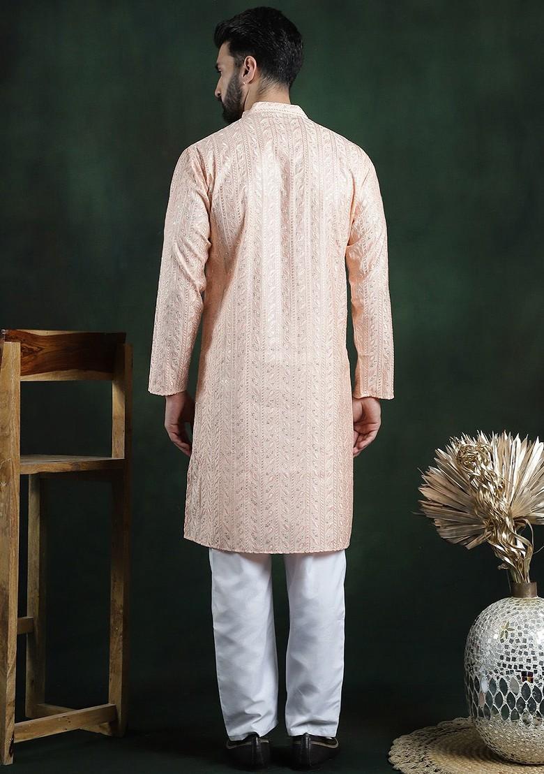 Peach Thread Work Poly Blend Kurta Set For Men