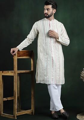 Off White Embroidered Poly Blend Kurta Set For Men