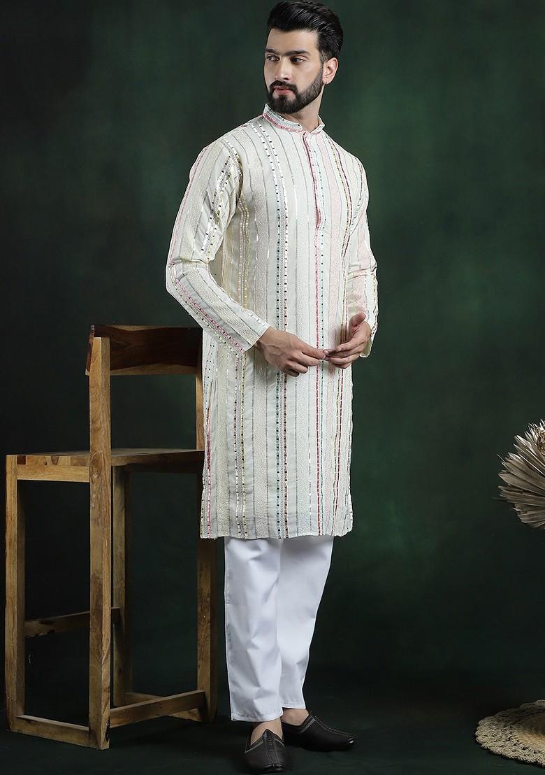Off White Embroidered Poly Blend Kurta Set For Men