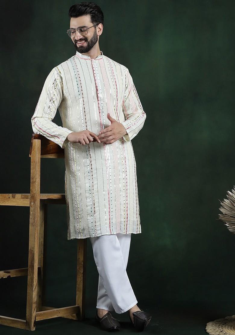 Off White Embroidered Poly Blend Kurta Set For Men