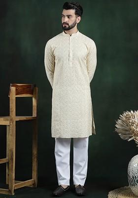 Beige Thread Work Poly Blend Kurta Set For Men