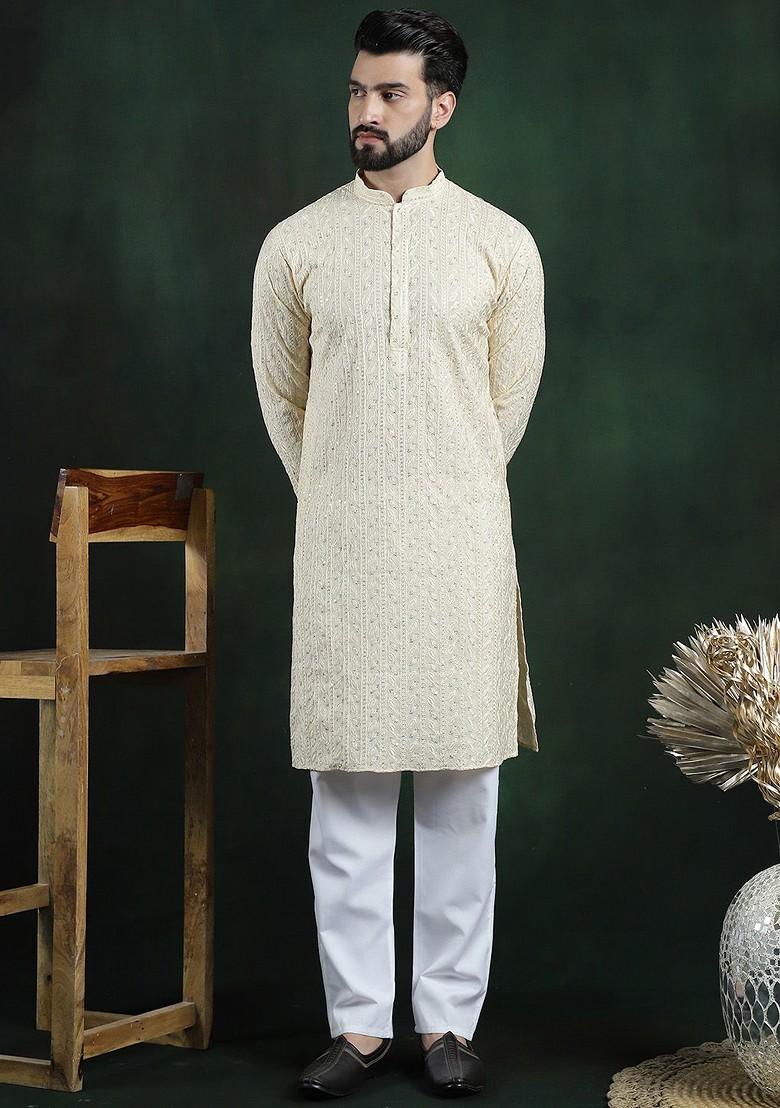 Beige Thread Work Poly Blend Kurta Set For Men