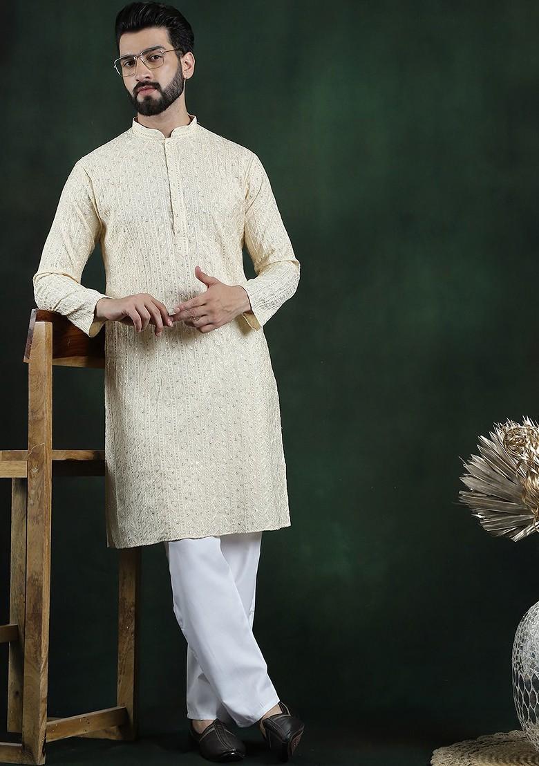 Beige Thread Work Poly Blend Kurta Set For Men