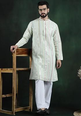 Lime Green Embroidered Poly Blend Kurta Set For Men