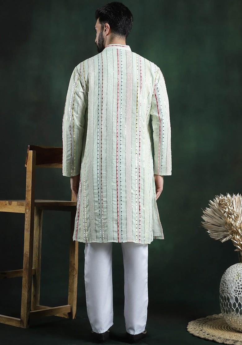 Lime Green Embroidered Poly Blend Kurta Set For Men