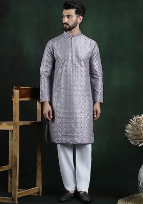 Purple Thread Work Poly Blend Kurta Set For Men