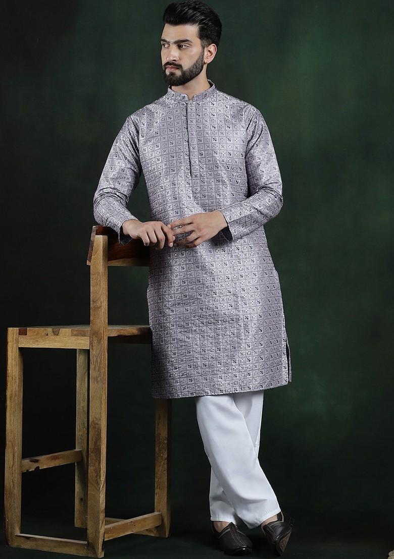 Purple Thread Work Poly Blend Kurta Set For Men
