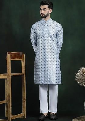 Blue Thread Work Poly Blend Kurta Set For Men