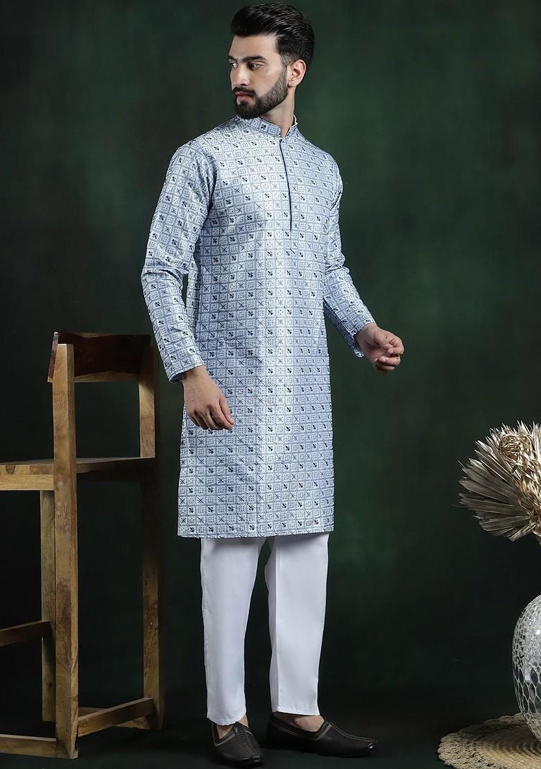 Blue Thread Work Poly Blend Kurta Set For Men