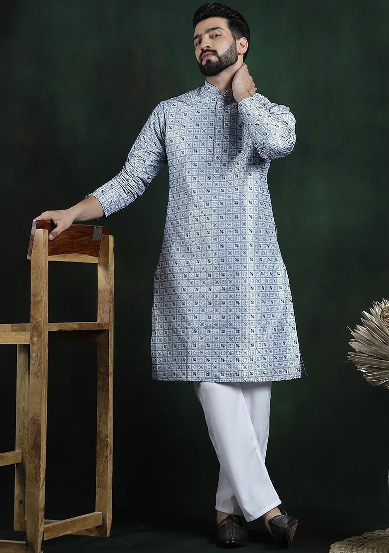 Blue Thread Work Poly Blend Kurta Set For Men