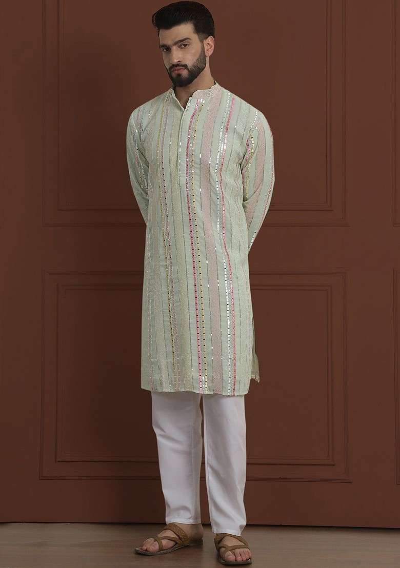 Lime Green Striped Poly Blend Kurta Set For Men - Indya