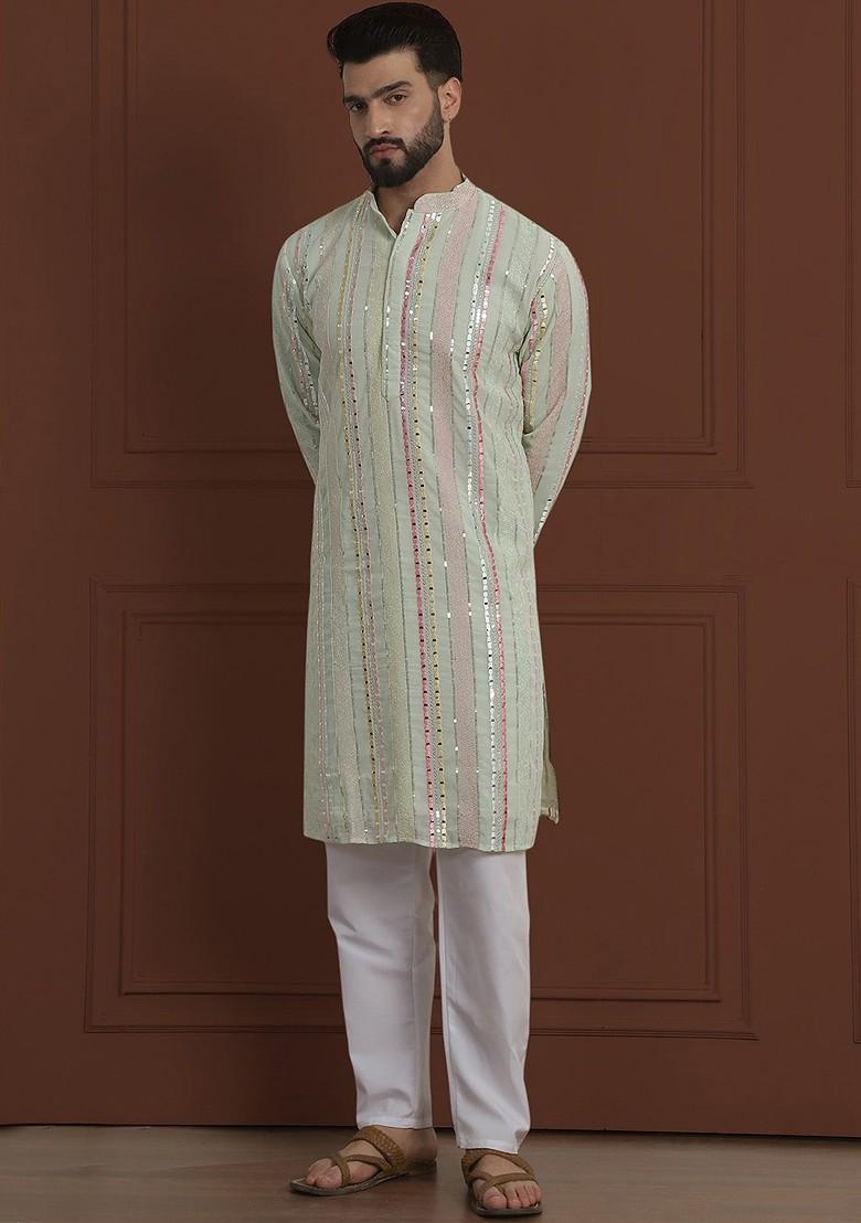 Lime Green Striped Poly Blend Kurta Set For Men
