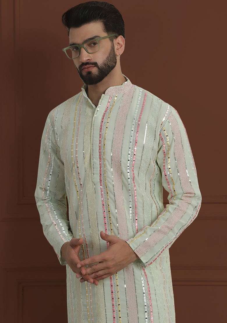 Lime Green Striped Poly Blend Kurta Set For Men - Indya