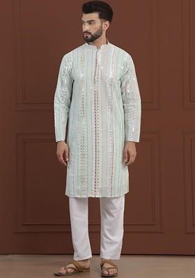 Sea Green Striped Poly Blend Kurta Set For Men