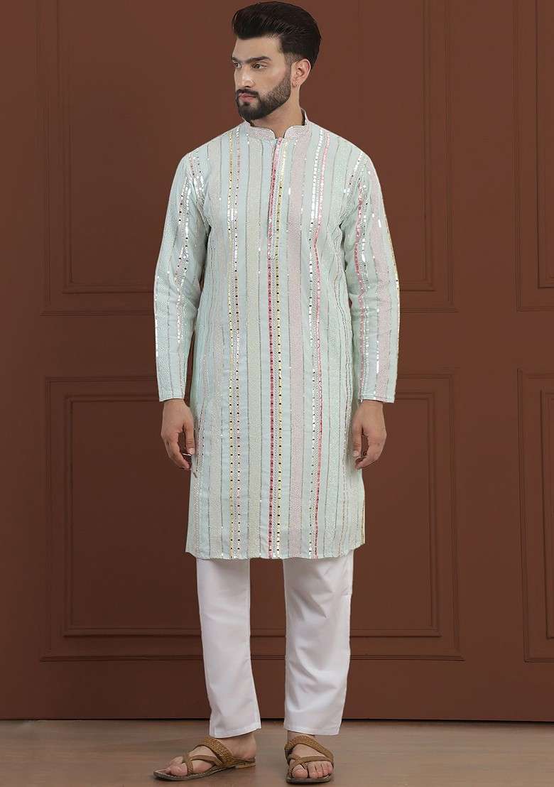 Sea Green Striped Poly Blend Kurta Set For Men - Indya