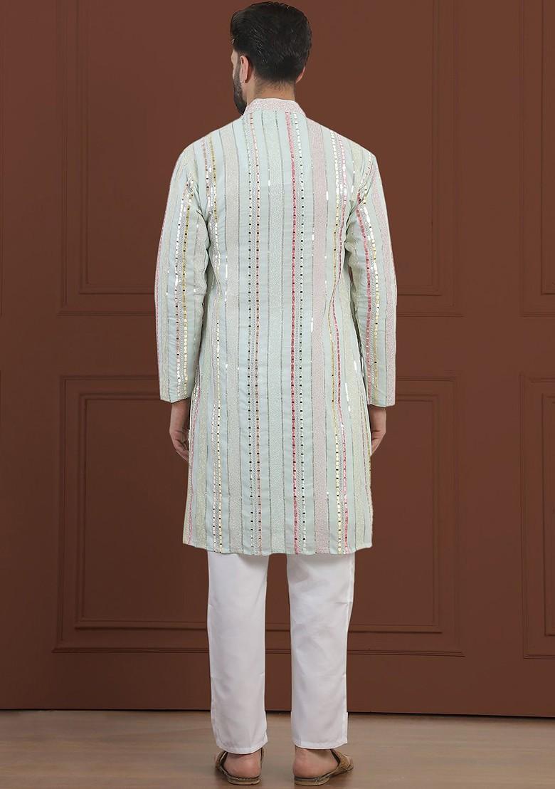 Sea Green Striped Poly Blend Kurta Set For Men
