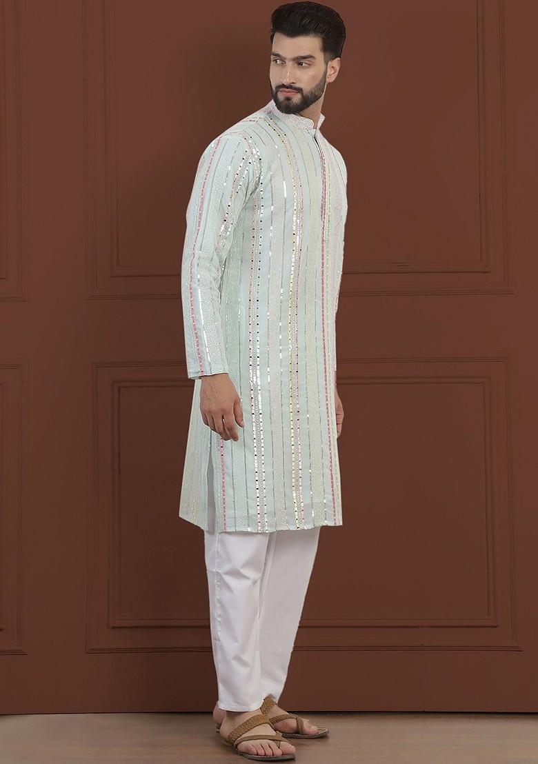 Sea Green Striped Poly Blend Kurta Set For Men