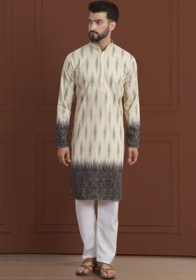 Beige Embroidered Cotton Kurta Set For Men
