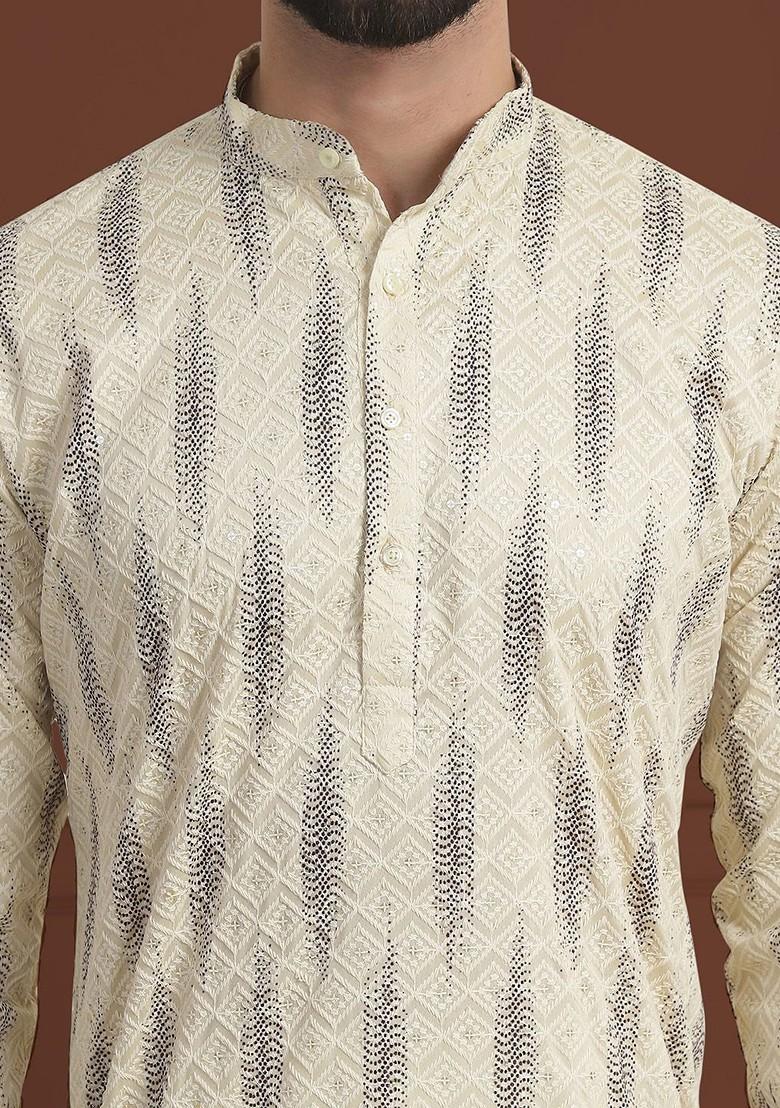 Beige Embroidered Cotton Kurta Set For Men