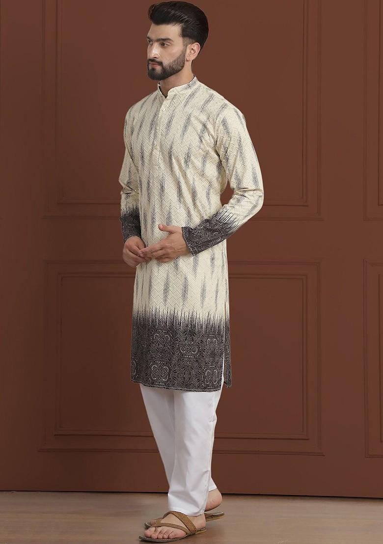 Beige Embroidered Cotton Kurta Set For Men