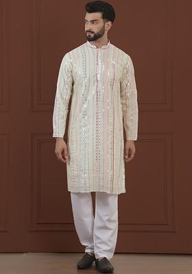 Off White Striped Poly Blend Kurta Set For Men