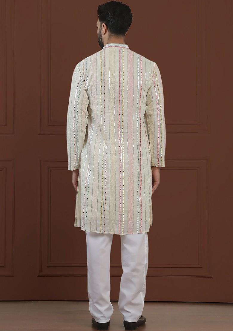 Off White Striped Poly Blend Kurta Set For Men